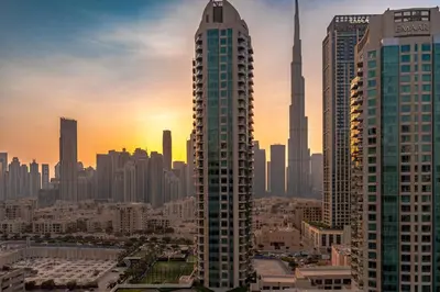 a view of a city skyline with tall buildings at Luxury Burj & Fountain View Retreat in Dubai
