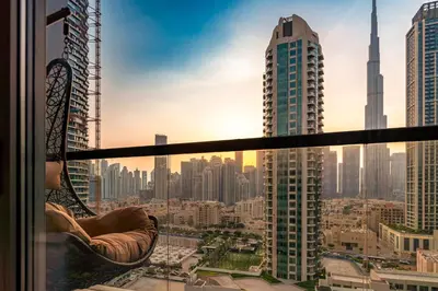 a view of the dubai city skyline from a building at Luxury Burj & Fountain View Retreat in Dubai