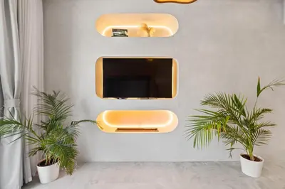 a living room with a tv and two plants at Art Studio - Cozy Loft, Fireplace, City Vistas in Dubai