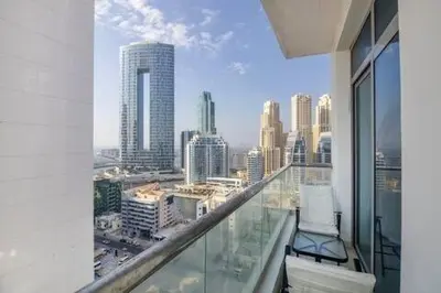 a balcony with a view of a city at Luxury 2 BHK in Dubai Marina By dPie DEC 1907 in Dubai