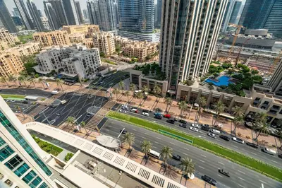 an aerial view of a city with tall buildings at New! 1BR with Balcony Views and Pool by Burj Khalifa in Dubai