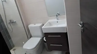 a bathroom with a sink and a toilet and a mirror at Damac hills 2 vardon cluster townhouse in Dubai