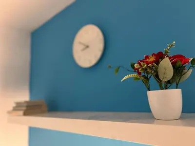 a blue wall with a clock and a vase with flowers at Solo Cabin Room in Tecom Barsha Heights in Dubai