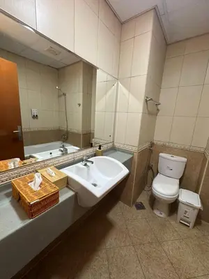 a bathroom with a sink and a toilet and a mirror at Lotel Al Barsha 1 at the Mall in Dubai