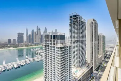 an aerial view of a city with tall buildings at Beachfront Bliss 2Bedroom in Grand Bleu in Dubai