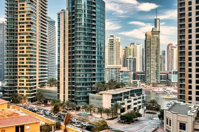 a view of a city with tall buildings at Modern & Spacious Studio in JBR in Dubai