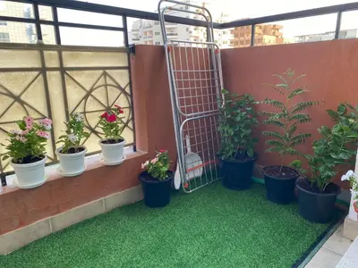 a balcony with a bunch of plants in pots at Studio with homely cozy and positive vibes in Sabkhah