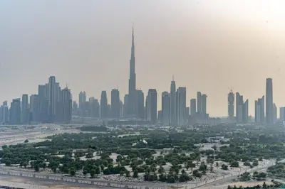 an aerial view of a city with tall buildings at Full Dubai Skyline View on High Floor in Dubai