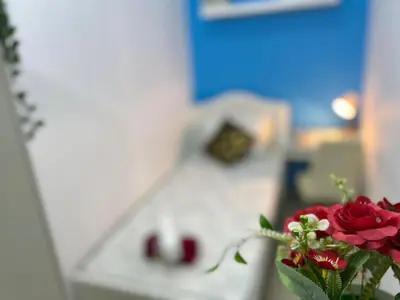 a vase filled with red roses in a room at Small Partition Room Barsha Heights Tecom in Dubai