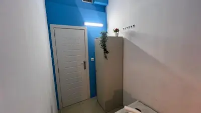 a bathroom with a white door with a plant on it at Small Partition Room Barsha Heights Tecom in Dubai