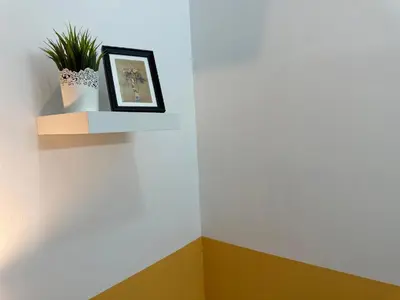 a shelf with a plant on a wall at Smart Partition Room Barsha ! in Dubai