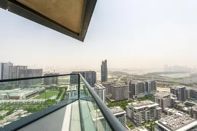 a view of a city from the top of a building at Modern Living with Skyline Views in Hartland in Dubai