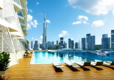 a swimming pool with a view of the city at Stylish Furnished Apartment with Burj Khalifa View, High Floor in Dubai