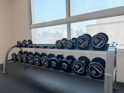 a rack of dumbbells in a gym at Zapbed House-Stylish 2 BR in May Residence Block 1 -JVC in Dubai
