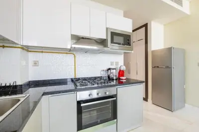 a kitchen with a stove and a stainless steel refrigerator at Business Bay, Compact, Modern Studio Dubai in Dubai