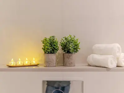 three plants sitting on a shelf in a bathroom at Jumeirah Beach Residences Private Beach & Sea View in Dubai