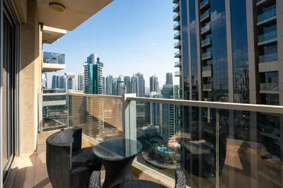 a balcony with a view of a city at Marina Tower Residences by Baytna in Dubai
