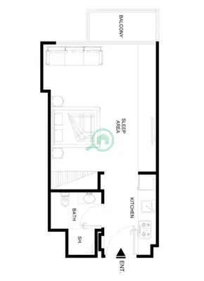 a floor plan of a house at AirDXB - Chic Studio Apartment in Meydan Sleeps 2 with Balcony in Dubai