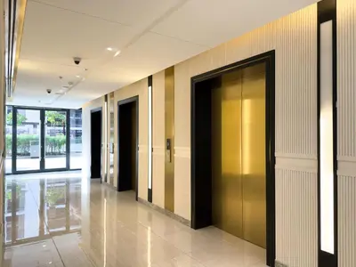 a hallway with elevator doors in a building at GuestReady - Chic & modern studio in Dubai in Dubai