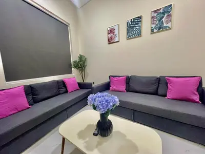 a living room with a couch with pink and purple pillows at Karama Palace Home in Dubai
