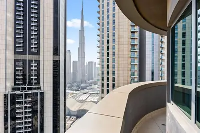 a view of the city from a skyscraper at 1BR Full Burj View 1 min to Dubai Mall Arabic Vibe in Dubai