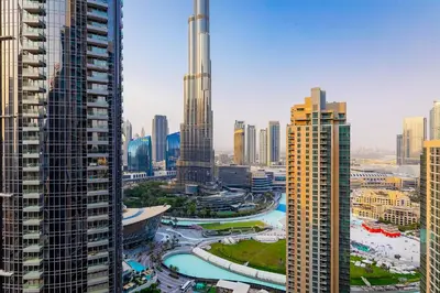 a view of a city with tall buildings at Burj View Stylish 3BR with Maids Room in Act One Tower Downtown in Dubai