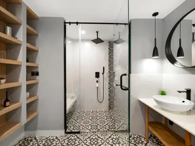 a bathroom with a shower and a sink at 4 BHK Duplex - Marina & JBR - Iconic Dubai Skyline in Dubai