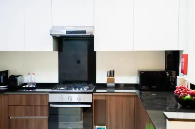 a kitchen with a stove and a bowl of fruit at Cozy 1BR with Canal Views in Business Bay in Dubai