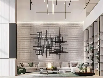 a living room with a chandelier hanging from a wall at Oxford Luxury 1 bedroom & study in Dubai