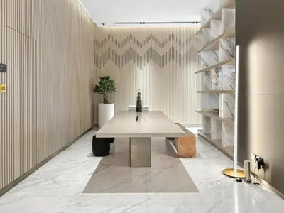 a table in a room with a plant on a wall at BLVD - Stylish Missoni Stay - Canal View in Dubai