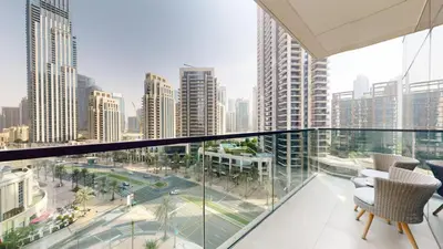 a balcony with views of a city at Vacationer l Vibrant 2 Bedroom l Pool with Burj Khalifa View in Dubai