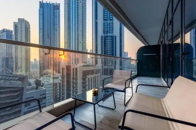 a balcony with a view of a city at Luxe 1BR in RP Heights Downtown - 50mt to Dubai Mall, walk to Burj Khalifa and Fountain in Dubai