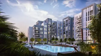 an architectural rendering of an apartment complex with a swimming pool at Silk Valley - Modern 2BR Near Park & Attractions in Dubai