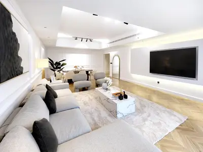 a living room with a couch and a tv at SOLARTE Luxe - New Large 2BR - Marina Promenade - Sea Views - Super King Bed & Workspace in Dubai
