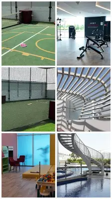 a collage of photos of a tennis court and a tennis court at Opalz by danube in Dubai