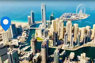 a view of a city with a blue circle around it at Barsana - Premier 3Bed Suite - Marina & Sea Views in Dubai