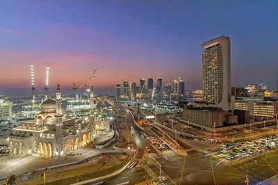 a city skyline at night with a lot of traffic at Luxury 2BR in Dubai Marina Balcony, Views, Walk to Metro & Tram in Dubai