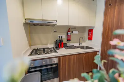 a small kitchen with a stove and a sink at Modern 1BR in Business Bay Balcony Pool Access in Dubai