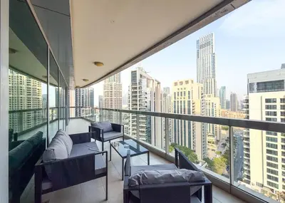 a balcony with a view of a city skyline at Modern 2-BR in 8-BLVD WALK Downtown Dubai in Dubai