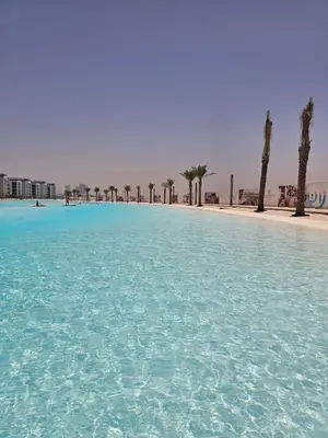 a large body of water with palm trees on a beach at DAYF-JFH Spacious Apartment 4 PAX with Magical Lagoon Views in Dubai