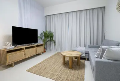a living room with a couch and a tv at A&S Properties Downtown Dubai in Dubai