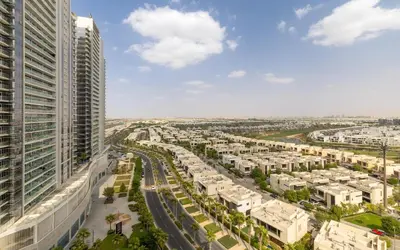 an aerial view of a city with tall buildings at Maison Privee - Stylish Studio with Top Facilities in Damac Hills in Dubai