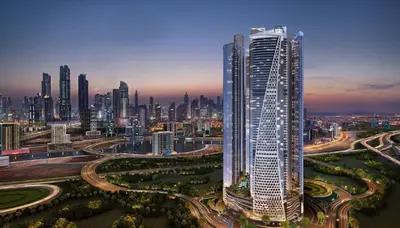 a large tall building in a city with a city at 2BR Apartment in Paramount Hotel with Burj Khalifa View in Dubai