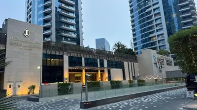 a building in a city with tall buildings at JBR Studio Apartment - Bay Central in Dubai