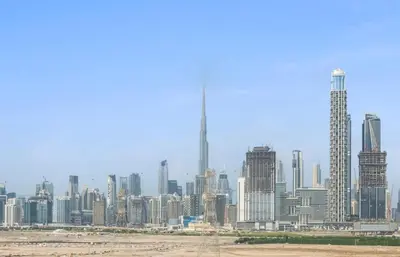 a view of a city skyline with tall buildings at Azizi Riviera , Meydan, Dubai Burj Khalifa view in Dubai