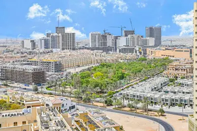 an aerial view of a city with tall buildings at Golden Stays - Private Pool in Binghatti Tulip I Prime JVC 2BR I Balcony Access in Dubai