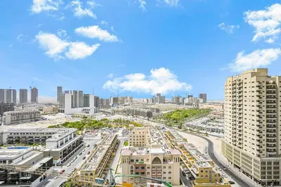 an aerial view of a city with tall buildings at Golden Stays - Private Pool in Binghatti Tulip I Prime JVC 2BR I Balcony Access in Dubai
