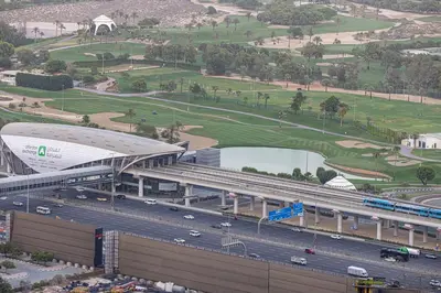 an aerial view of a highway and a stadium at Luxury 2BR w Floating Bed in Dubai Marina Sulafa 4404 in Dubai