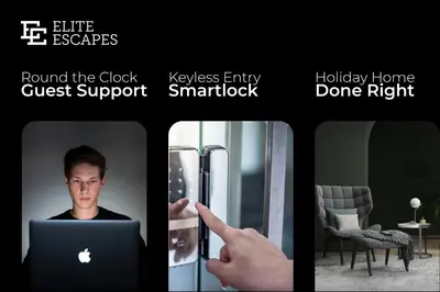 a collage of pictures of a man using a laptop at Elite Escape - Getaway in Azizi Riviera 26 in Dubai