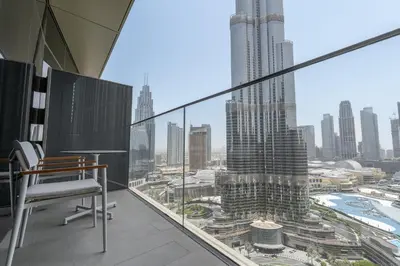 an office with a view of a city skyline at Shukr شكر - Luxury 3BR with Panoramic Burj Khalifa & Fountain Views - Address Residence Dubai Opera - 2 Min Walk to Dubai Mall in Dubai